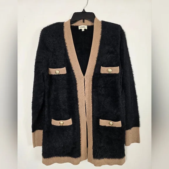 L'AGENCE 'Elin' 4-Pocket Fuzzy Cardigan Sweater, Black/Camel M,XL